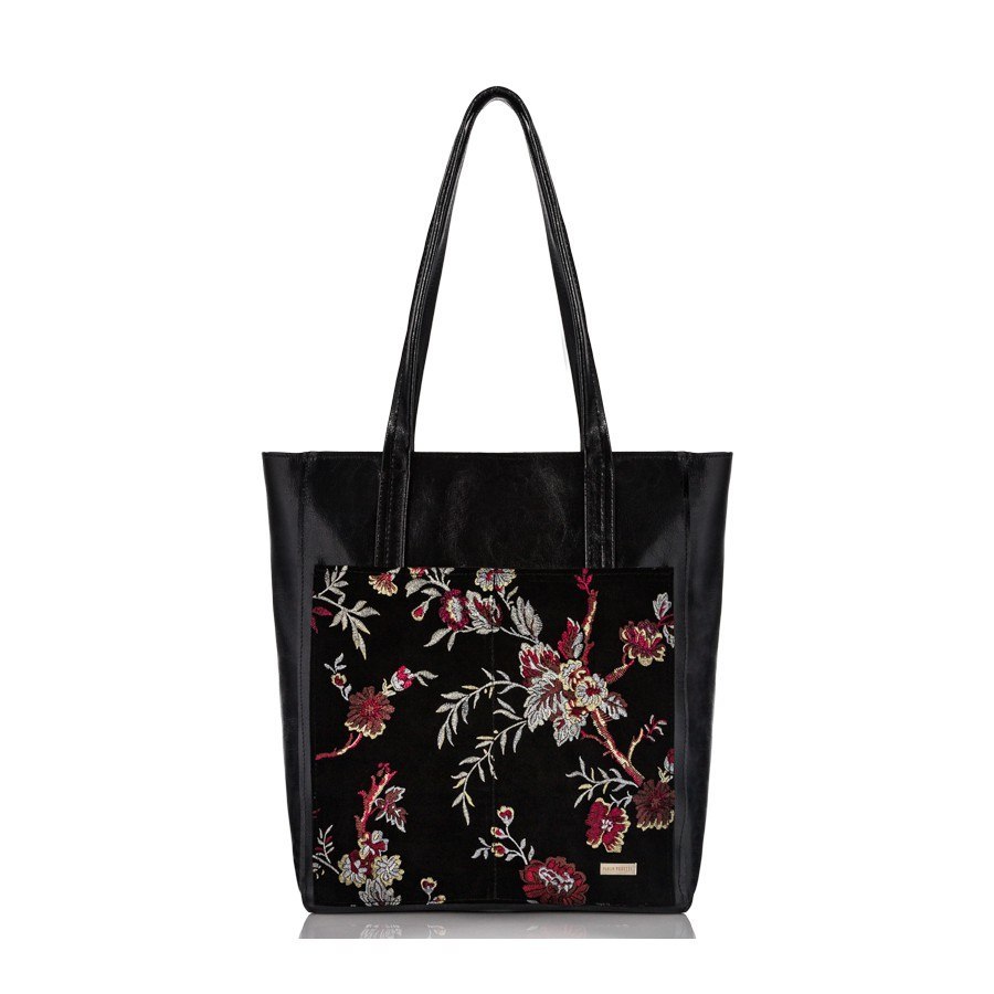 Czarna skórzana torba damska w kwiaty marki Paolo Peruzzi 
